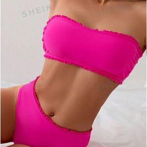 Brand new never worn SHEIN hot pink ruffle trim bandeau bikini set.